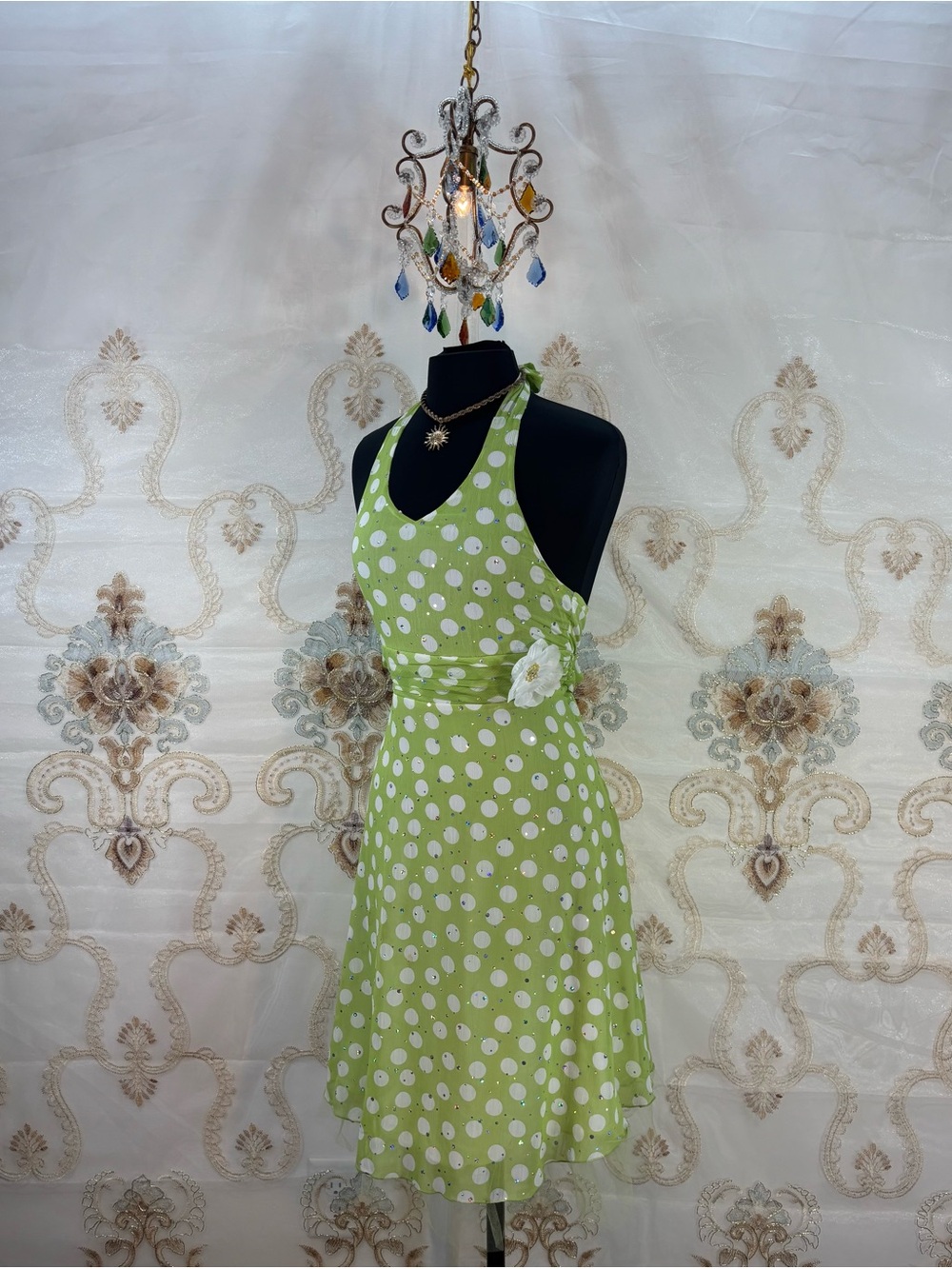 ✨Vintage Y2K Lime & White Polkadot Sequins Tulle Flower Halter Dress✨